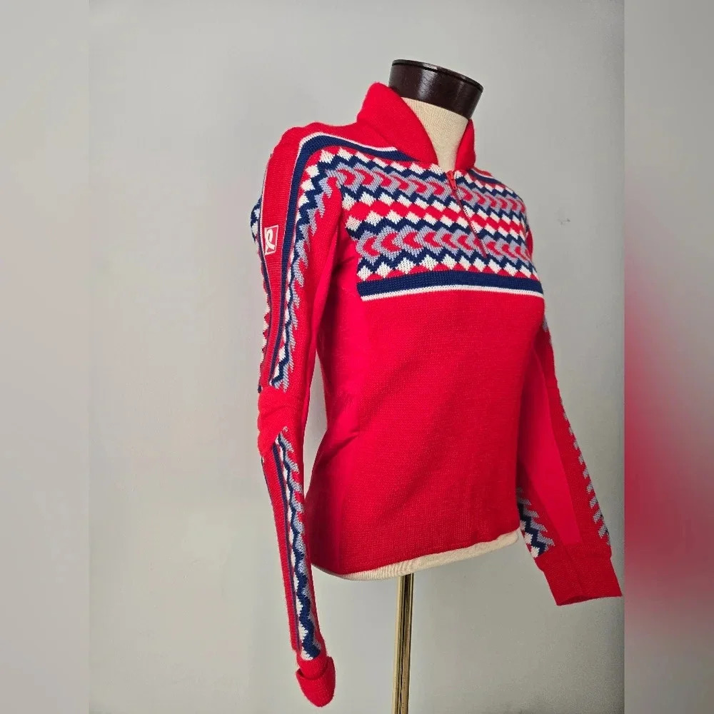 DEMETRE women's vintage virgin wool ski sweater. Red/white/blue. Size small - Picture 2 of 11